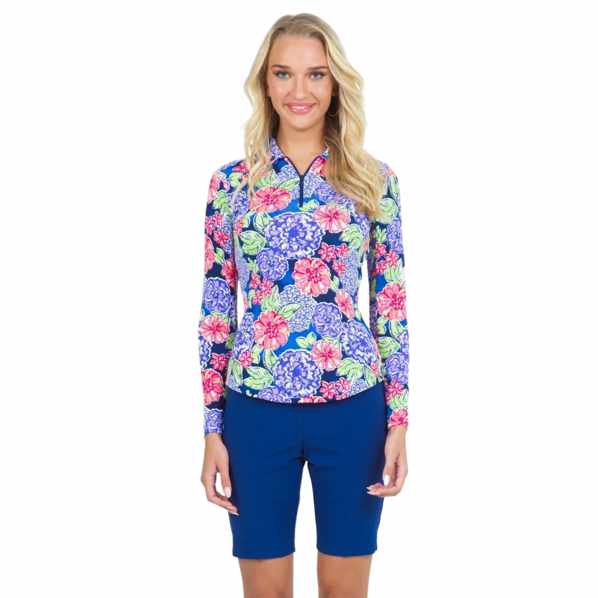 Ibkul Women's Larisa Print Long Sleeve Polo - 41078 1 Ibkul Women's Larisa Print Long Sleeve Polo - 41078