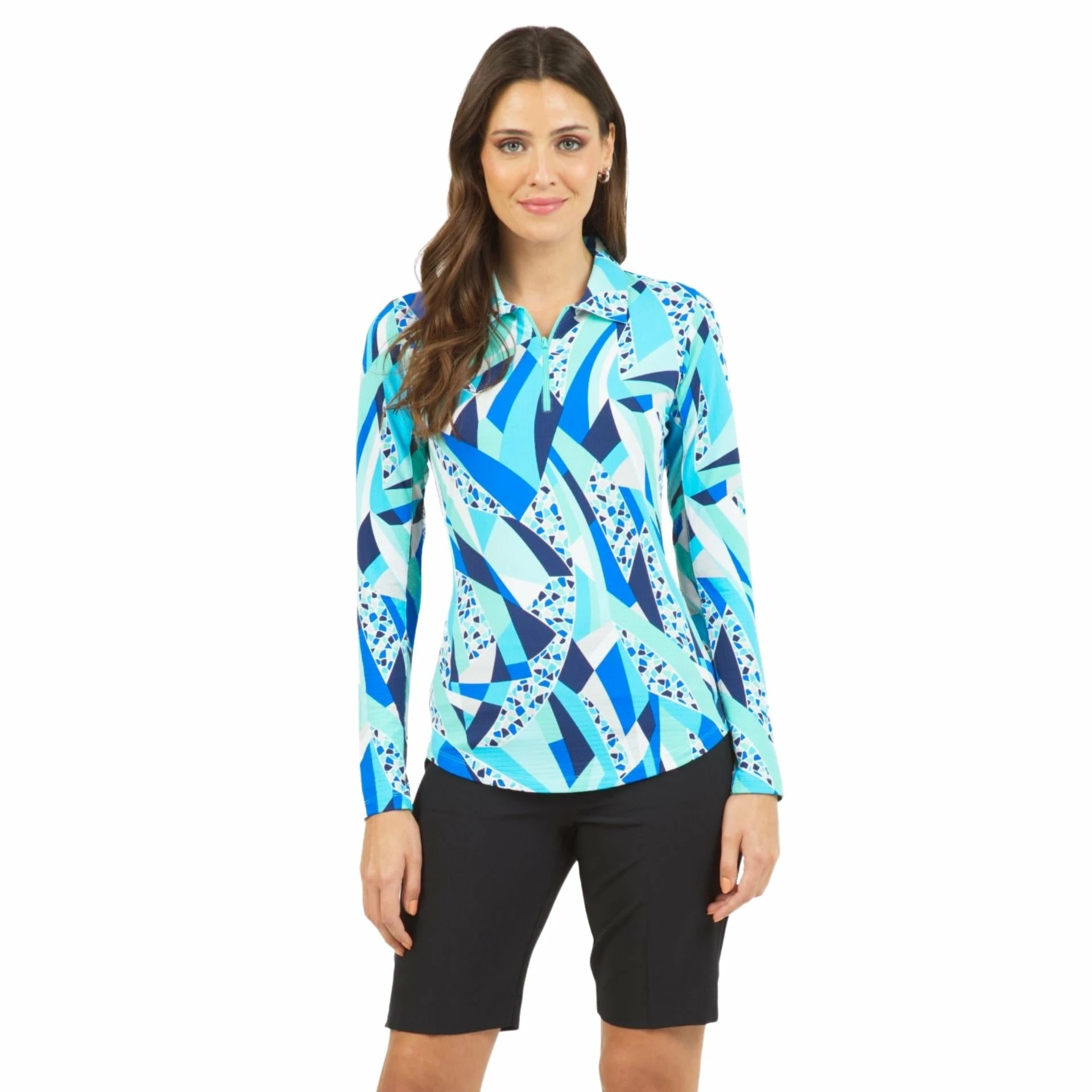 Ibkul Women's Brianna Print Long Sleeve Polo - 41080 2 Ibkul Women's Brianna Print Long Sleeve Polo - 41080 - Image 2