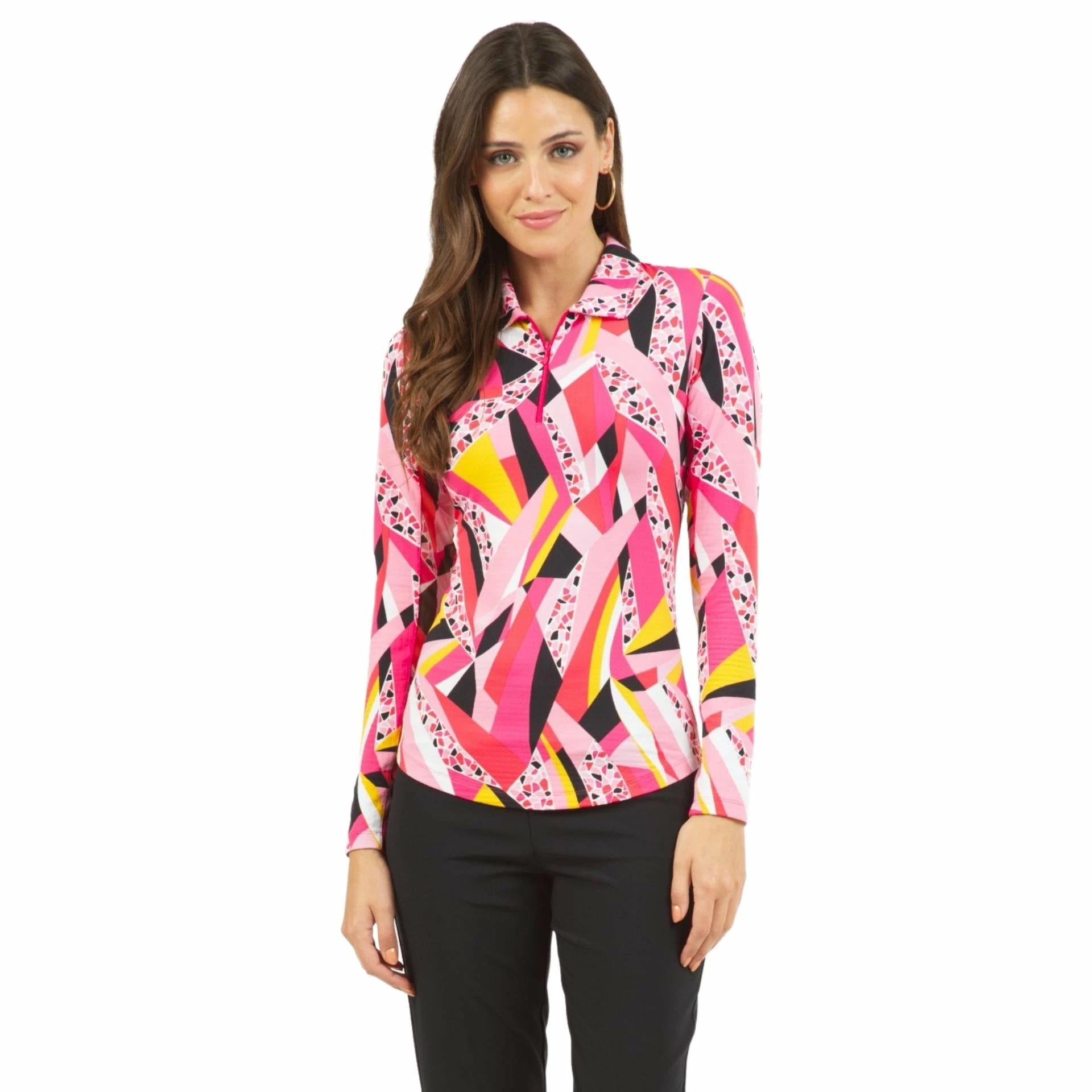 Ibkul Women's Brianna Print Long Sleeve Polo - 41080 1 Ibkul Women's Brianna Print Long Sleeve Polo - 41080