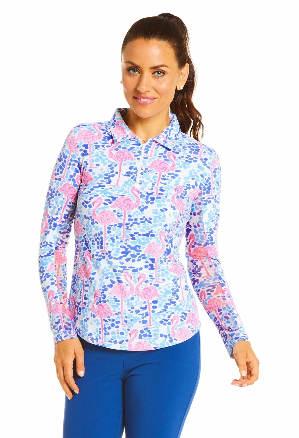 IBKUL Womens IDN Flamingo Print Long Sleeve Polo 1 IBKUL Womens IDN Flamingo Print Long Sleeve Polo