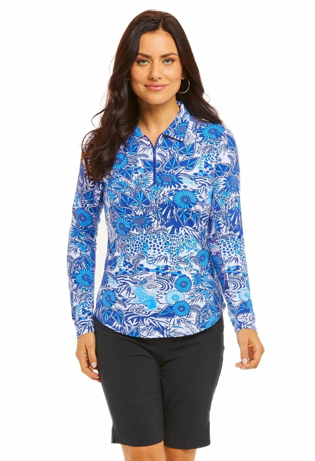IBKUL Women's Bamboo Garden Print Long Sleeve Polo - 41749 1 IBKUL Women's Bamboo Garden Print Long Sleeve Polo - 41749