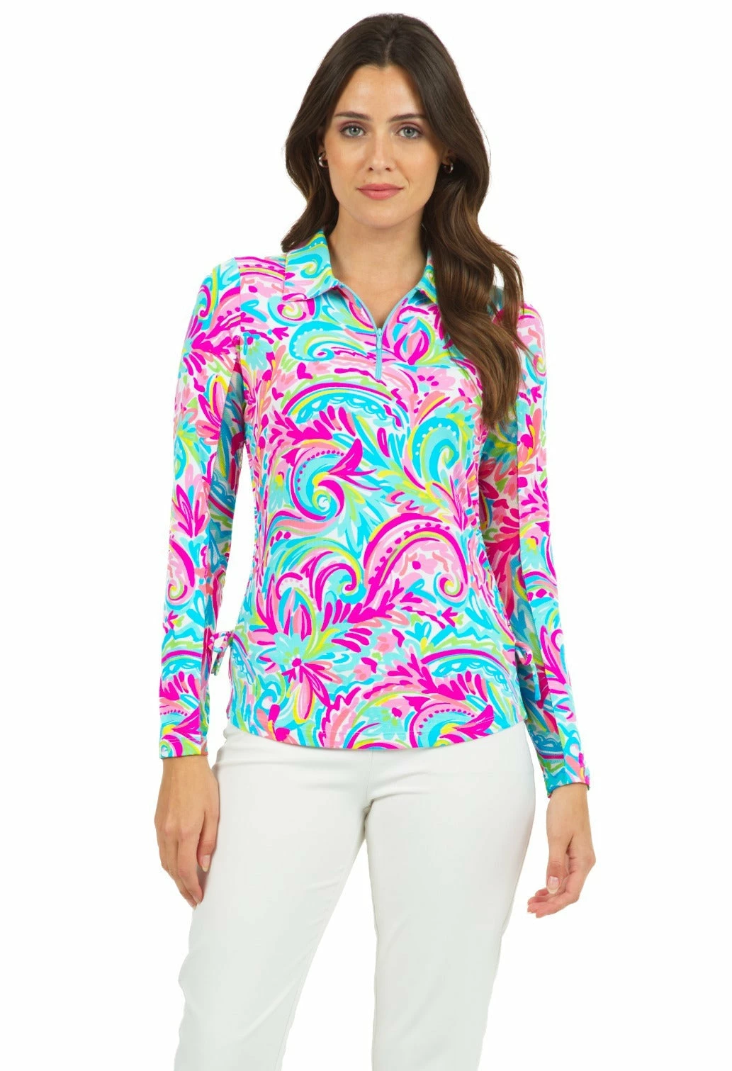 IBKUL Women's Aubrey Print Adjustable Long Sleeve Zip Polo - 48184 3 IBKUL Women's Aubrey Print Adjustable Long Sleeve Zip Polo - 48184 - Image 3
